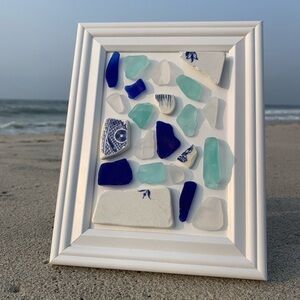 Framed Sea Glass Art with Blue and White Accents